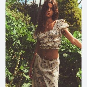 Zara Bow Print Puff Sleeve Satin Effect Crop Top